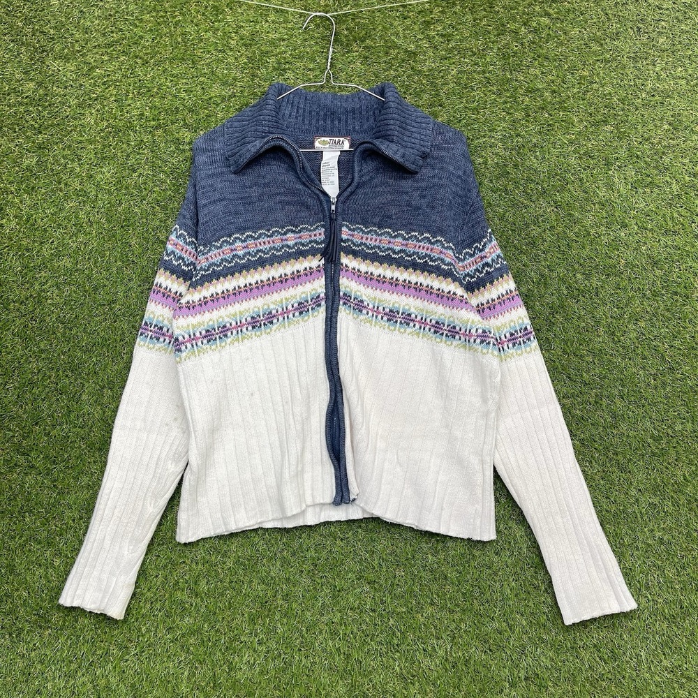 Vintage Tiara Fair Isle Knit Cardigan Sweater Womens Large Y2K Zip Front 90s